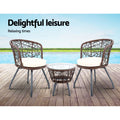 Gardeon 3PC Rattan Bistro Set Outdoor Table Chairs Brown Cushion