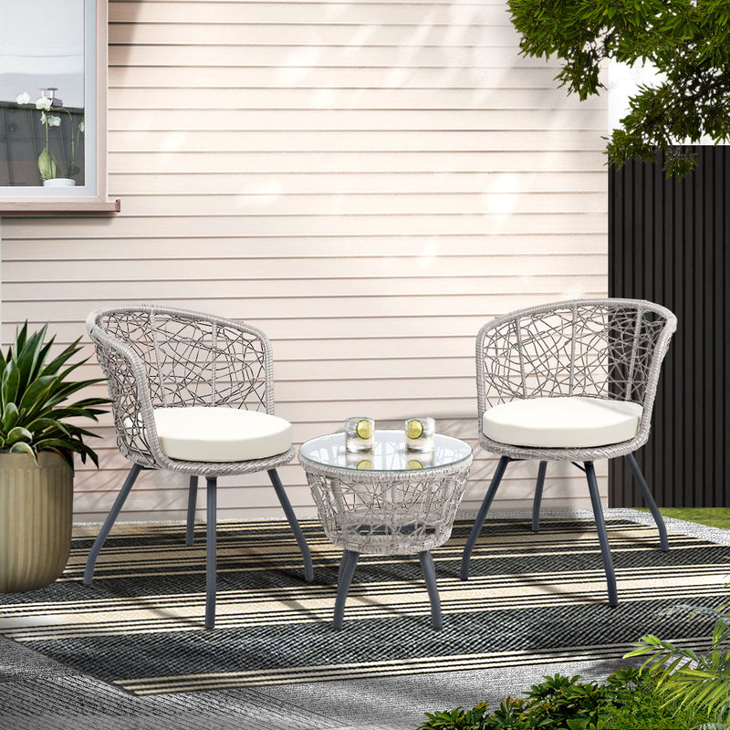 Gardeon 3PC Rattan Bistro Set Table Chairs Cushion Grey Outdoor Patio