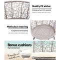 Gardeon 3PC Rattan Bistro Set Table Chairs Cushion Grey Outdoor Patio