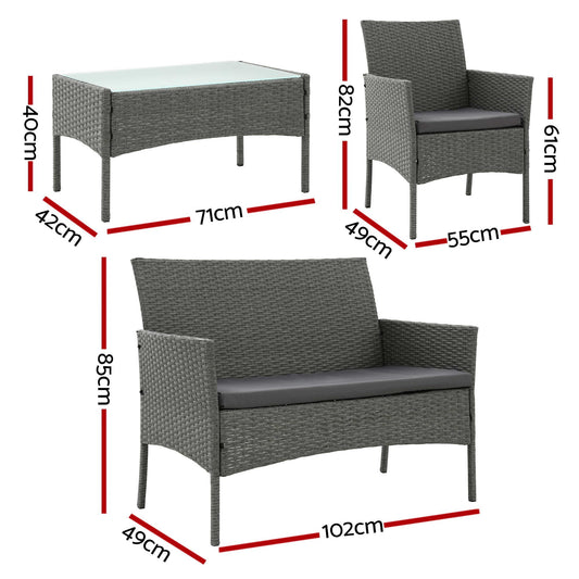 Gardeon 4-Piece Outdoor Sofa Set Rattan Furniture with Two Pillows Grey
