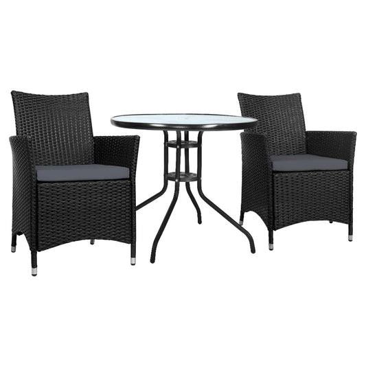 Gardeon 3PC Rattan Bistro Set Outdoor Patio Table Chairs Cushion