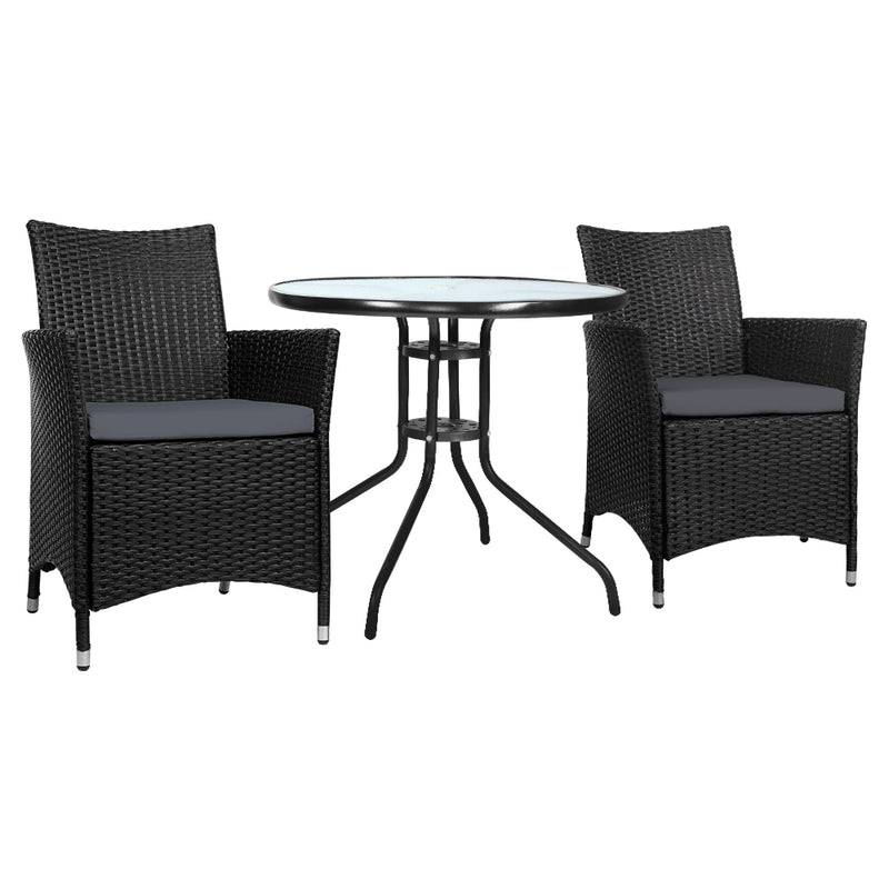 Gardeon 3PC Rattan Bistro Set Outdoor Patio Table Chairs Cushion