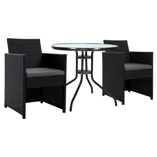 Gardeon 3PC Rattan Bistro Set Outdoor Furniture Table Chairs Cushion