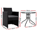 Gardeon 3PC Rattan Bistro Set Outdoor Furniture Table Chairs Cushion
