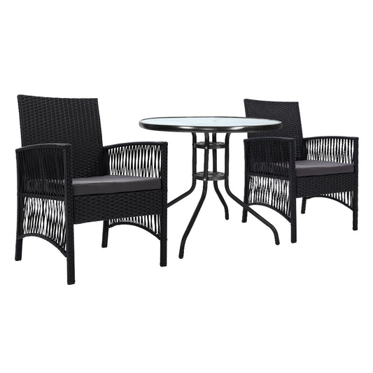 Gardeon 3PC Rattan Bistro Set Outdoor Table Chairs Cushion Patio