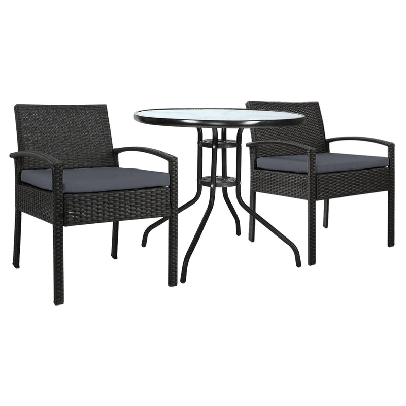 Gardeon 3PC Rattan Bistro Set Outdoor Table Chairs Cushion Patio