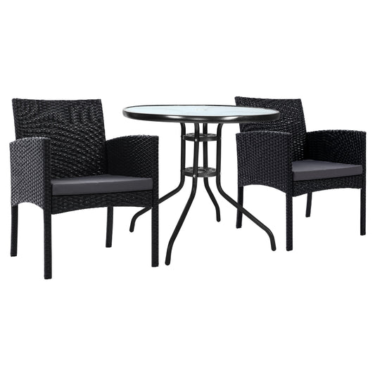Gardeon 3PC Rattan Bistro Set Outdoor Table Chairs Cushion