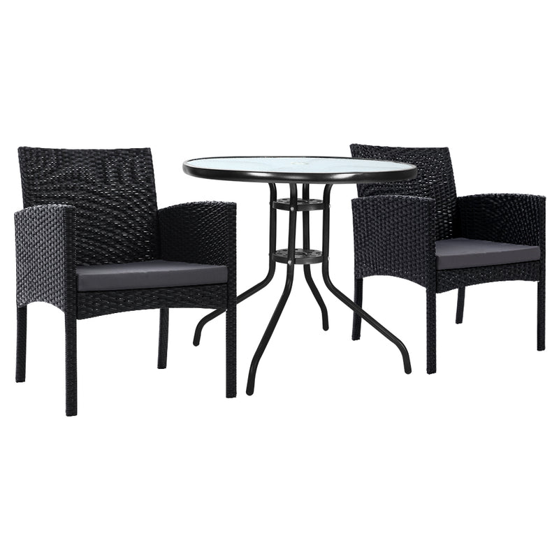 Gardeon 3PC Rattan Bistro Set Outdoor Table Chairs Cushion
