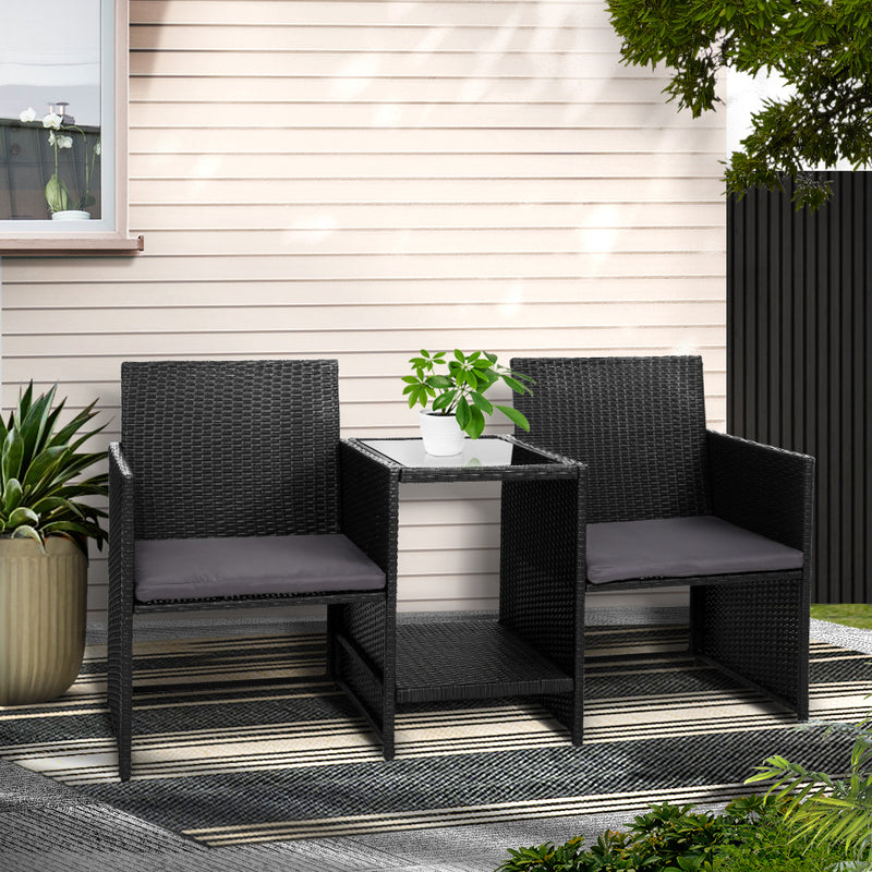Gardeon Wicker Loveseat Bistro Set Black Outdoor Patio Furniture