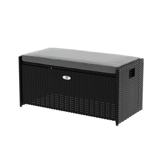 Gardeon Wicker Storage Bench Box Black Outdoor Garden Cushion