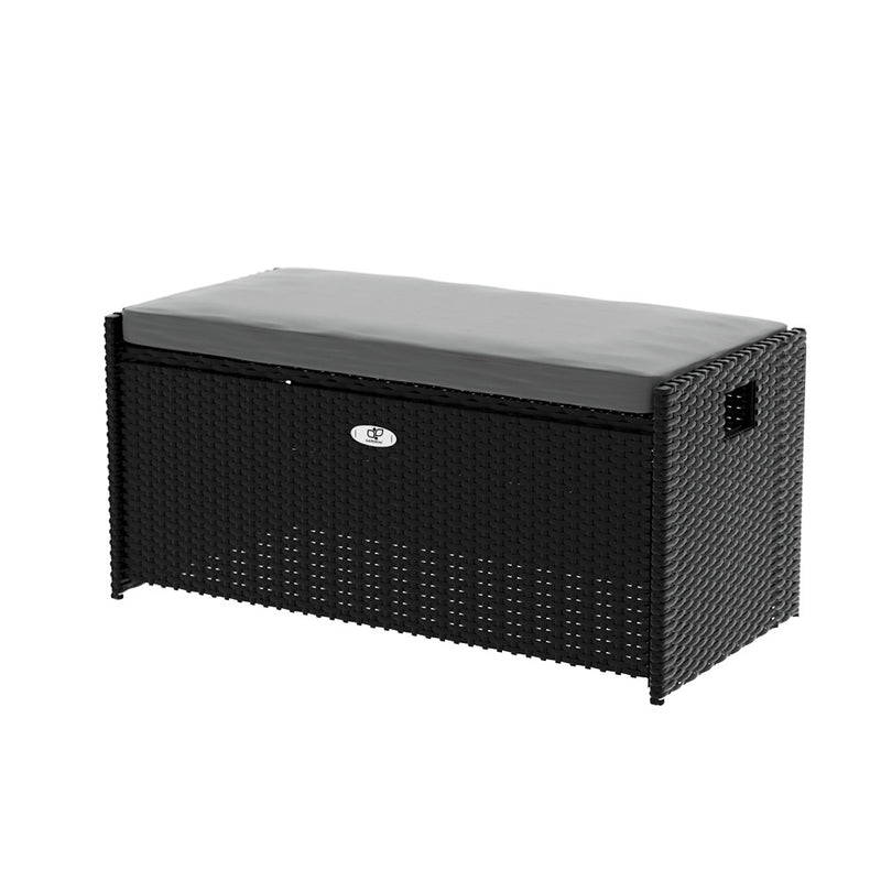 Gardeon Wicker Storage Bench Box Black Outdoor Garden Cushion
