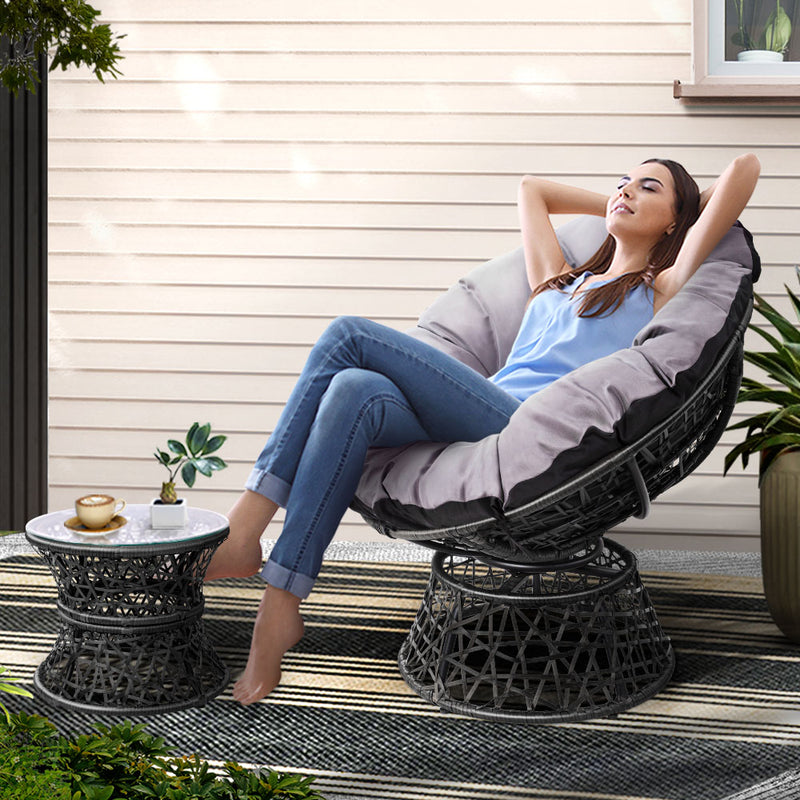 Gardeon Wicker Papasan Chair Lounge Setting Black Garden Furniture