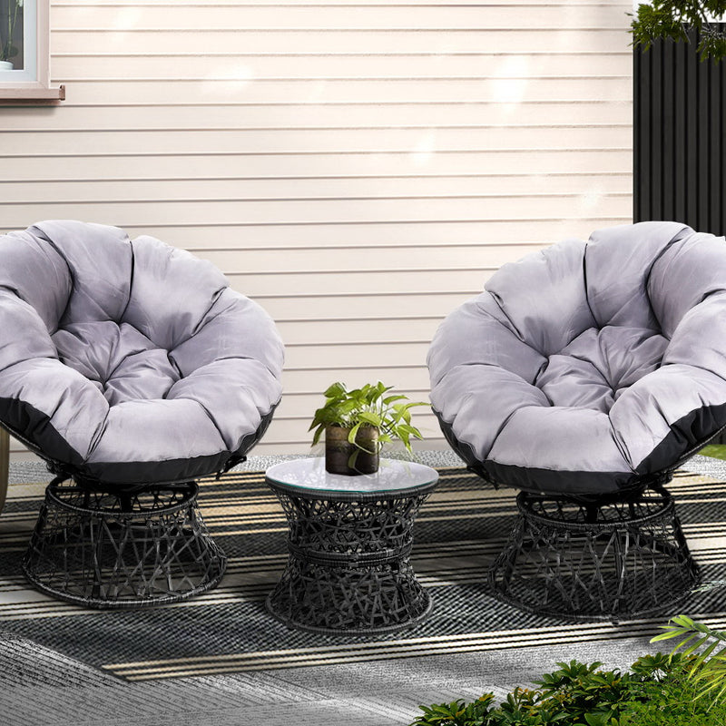 Gardeon Wicker Lounge Setting Papasan Chairs Table Patio Black