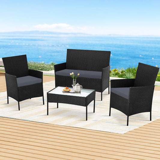 Gardeon 4 Seater Outdoor Wicker Sofa Set Black Table Chair