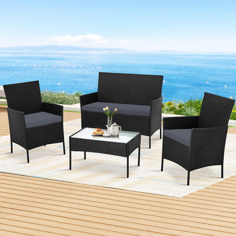 Gardeon 4 Seater Outdoor Wicker Sofa Set Black Table Chair
