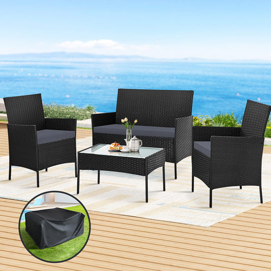 Gardeon 4 Seater Outdoor Wicker Sofa Set Black with Storage Cover