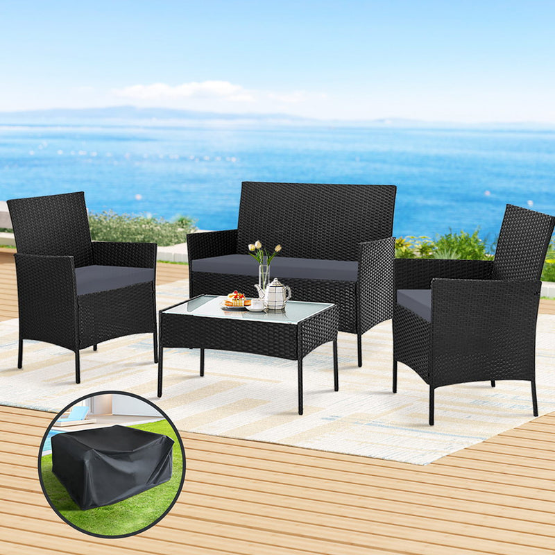 Gardeon 4 Seater Outdoor Wicker Sofa Set Black with Storage Cover