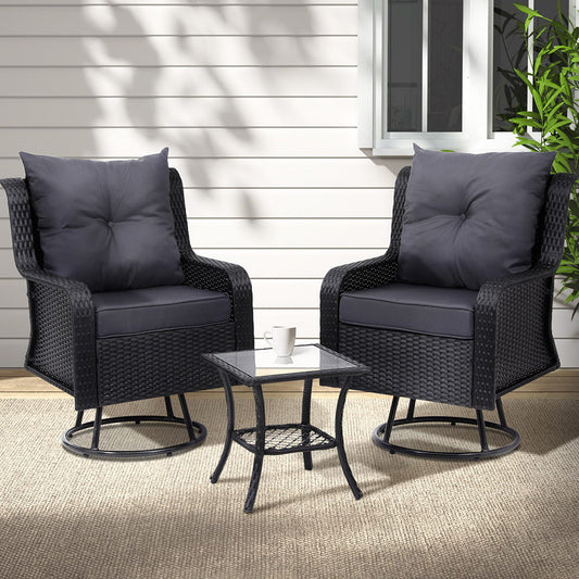 Gardeon 3PC Wicker Bistro Set Outdoor Furniture Swivel Chairs Black