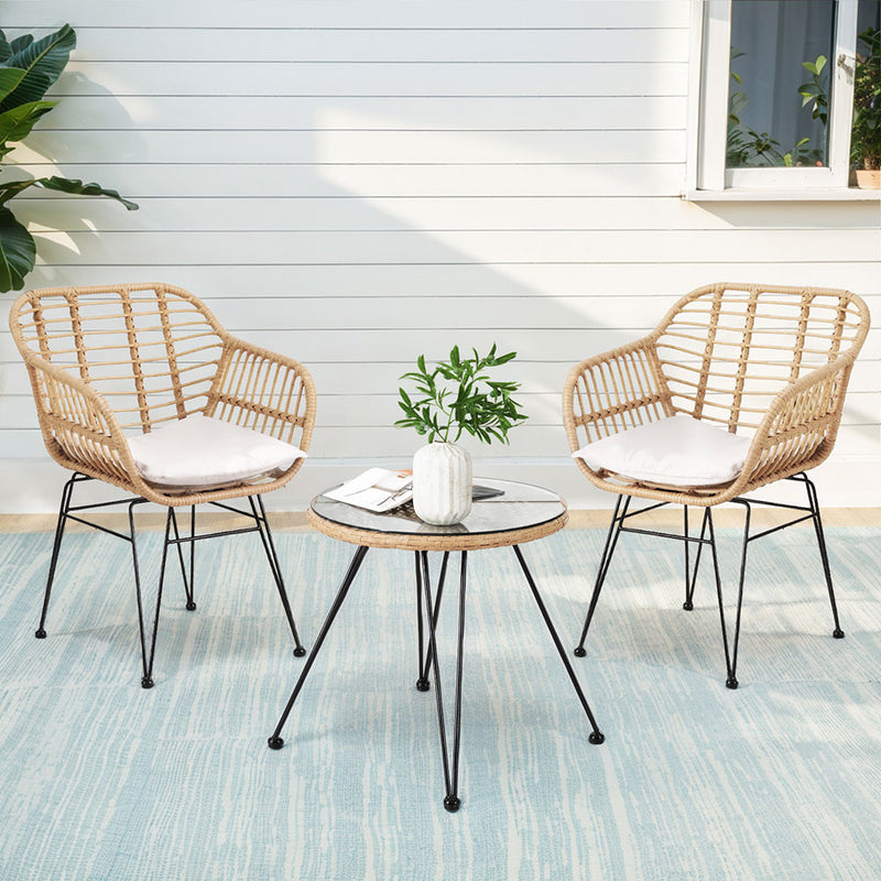 Gardeon 3PC Outdoor Bistro Set Grey Table Chairs Cushion Patio