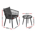 Gardeon 3PC Outdoor Bistro Set Grey Patio Table Chairs Lounge
