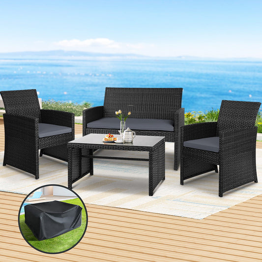 Gardeon 4 PCS Outdoor Sofa Set Storage Rattan Chair Black Furniture