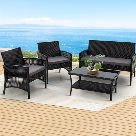 Gardeon 4PC Outdoor Wicker Sofa Set Black Garden Furniture