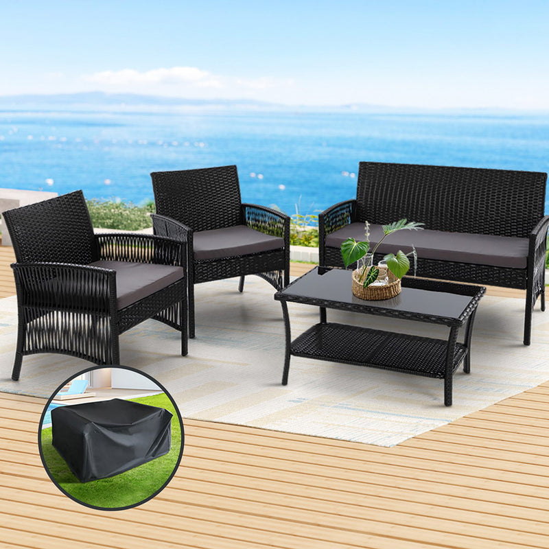 Gardeon 4pc Outdoor Wicker Sofa Set Black Storage Cover