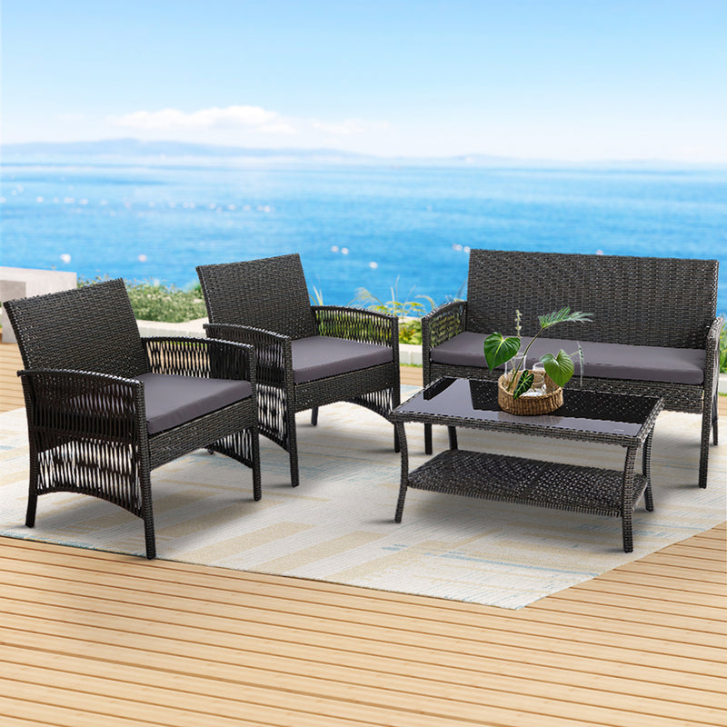 Gardeon 4PC Outdoor Wicker Sofa Set Grey Garden Furniture