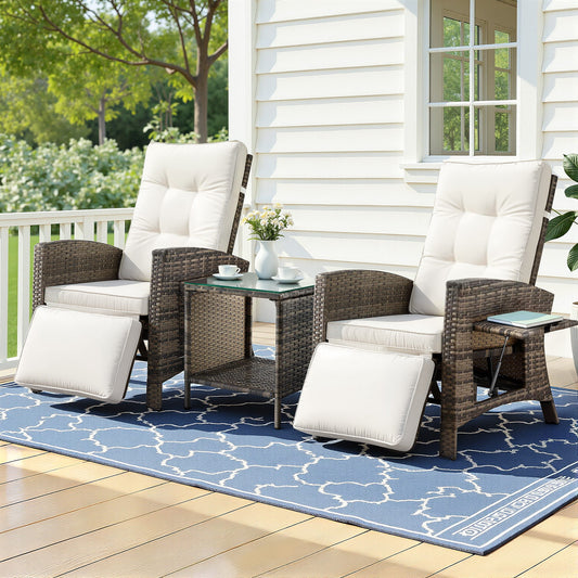 Gardeon 3PC Wicker Outdoor Bistro Set Recliner Chairs Sun Lounge