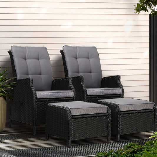 Gardeon 2PC Recliner Wicker Sun Lounge Chair Outdoor Adjustable Black