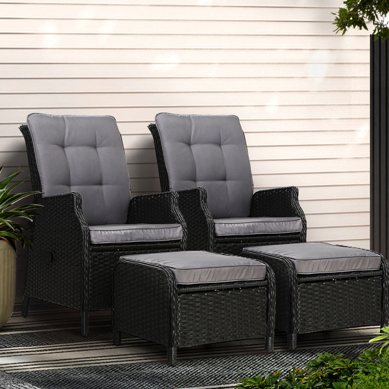 Gardeon 2PC Recliner Wicker Sun Lounge Chair Outdoor Adjustable Black
