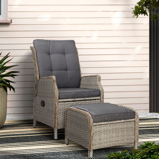 Gardeon Wicker Recliner Sun Lounge Chair Outdoor Patio Adjustable Grey