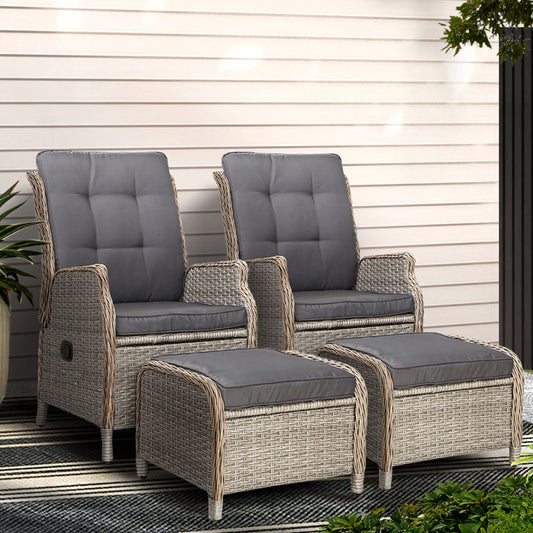 Gardeon 2PC Recliner Sun Lounge Wicker Chair Adjustable Grey