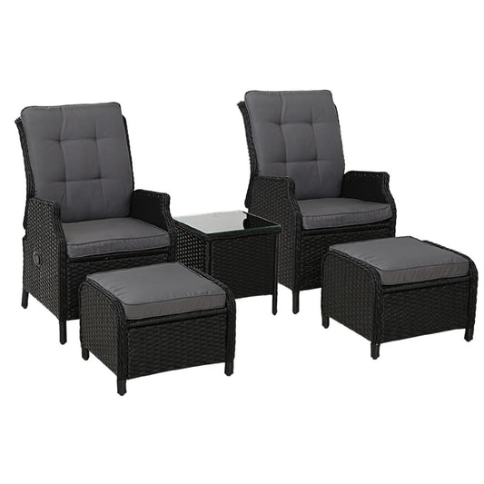 Gardeon 5PC Wicker Outdoor Lounge Set Recliner Chairs Table Black