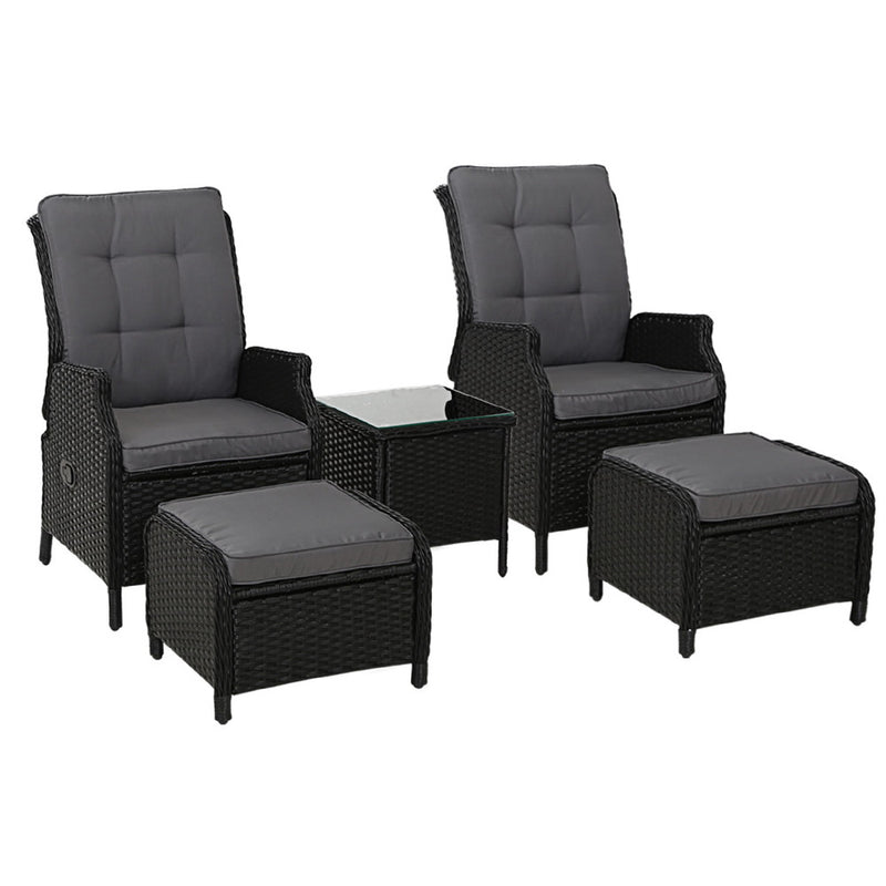 Gardeon 5PC Wicker Outdoor Lounge Set Recliner Chairs Table Black