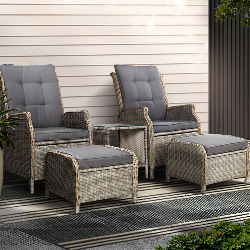 Gardeon 5PC Wicker Outdoor Lounge Set Grey Recliner Chairs Table