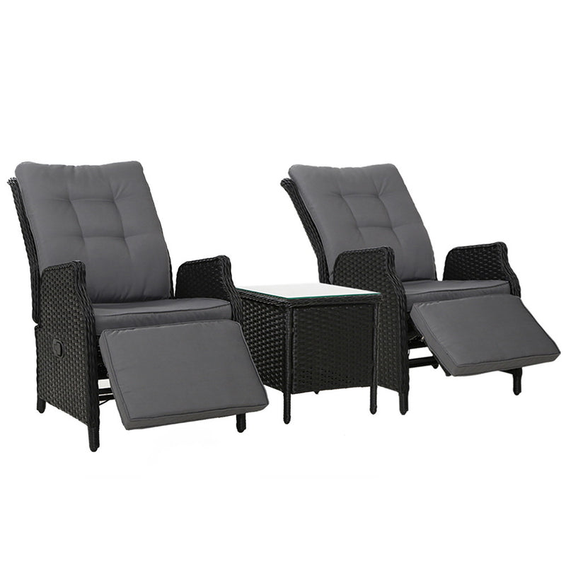 Gardeon 3PC Recliner Chairs Table Wicker Outdoor Lounge Black