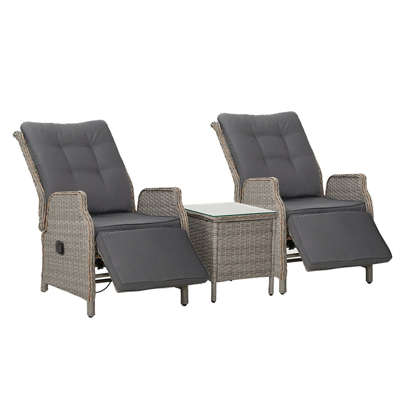 Gardeon 3PC Recliner Chairs Table Sun Lounge Outdoor Wicker Grey