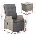 Gardeon 3PC Recliner Chairs Table Sun Lounge Outdoor Wicker Grey