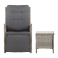 Gardeon 3PC Recliner Chairs Table Sun Lounge Outdoor Wicker Grey