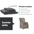 Gardeon 3PC Recliner Chairs Table Sun Lounge Outdoor Wicker Grey