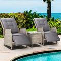 Gardeon 3PC Recliner Chairs Table Sun Lounge Outdoor Wicker Grey