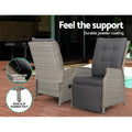 Gardeon 3PC Recliner Chairs Table Sun Lounge Outdoor Wicker Grey