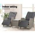 Gardeon 3PC Recliner Chairs Table Sun Lounge Outdoor Wicker Grey