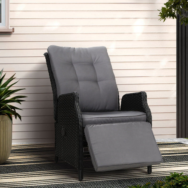 Gardeon Wicker Recliner Sun Lounge Chair Outdoor Patio Adjustable Black