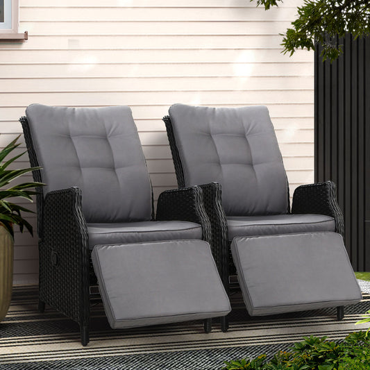 Gardeon 2PC Wicker Recliner Sun Lounge Chairs Outdoor Adjustable Black