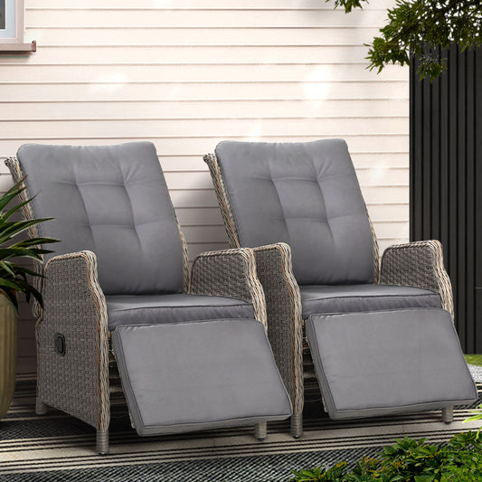 Gardeon 2PC Wicker Recliner Sun Lounge Chairs Outdoor Adjustable Grey