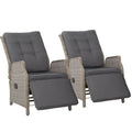 Gardeon 2PC Wicker Recliner Sun Lounge Chairs Outdoor Adjustable Grey