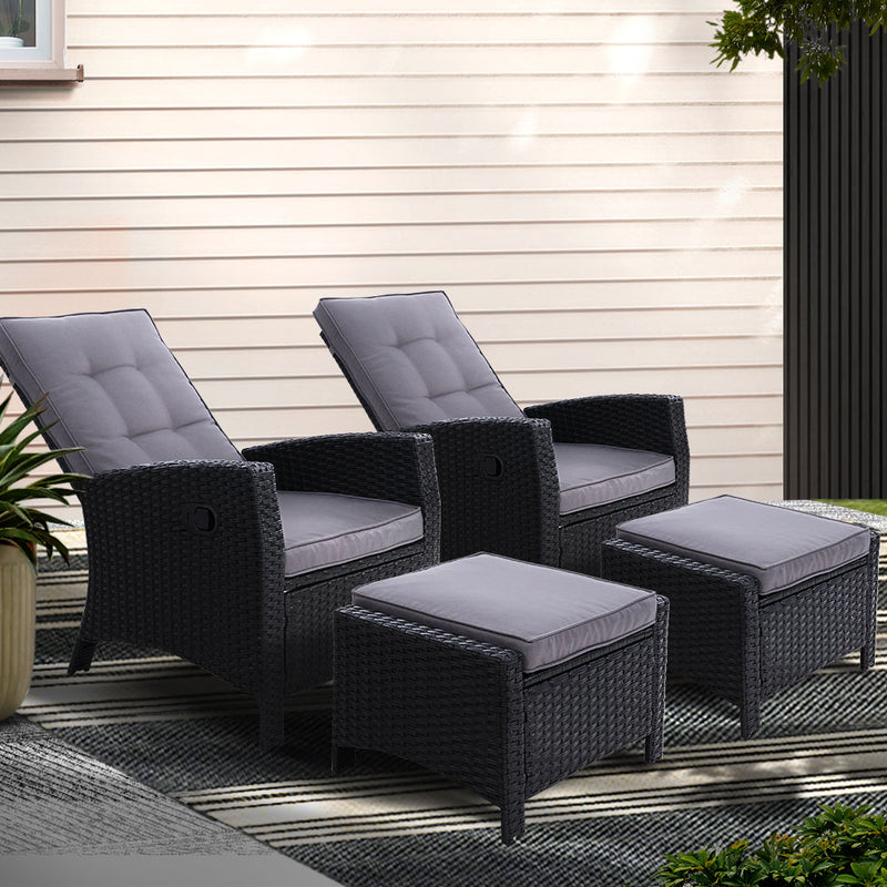 Gardeon 2PC Wicker Recliner Lounge Chairs Outdoor Adjustable Black