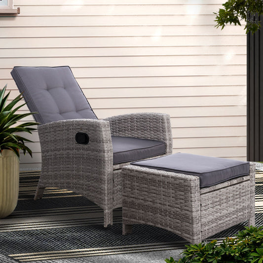 Gardeon Wicker Recliner Lounger Outdoor Patio Chair Adjustable Grey